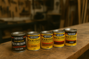 Photo of various Minwas brand wood finishes