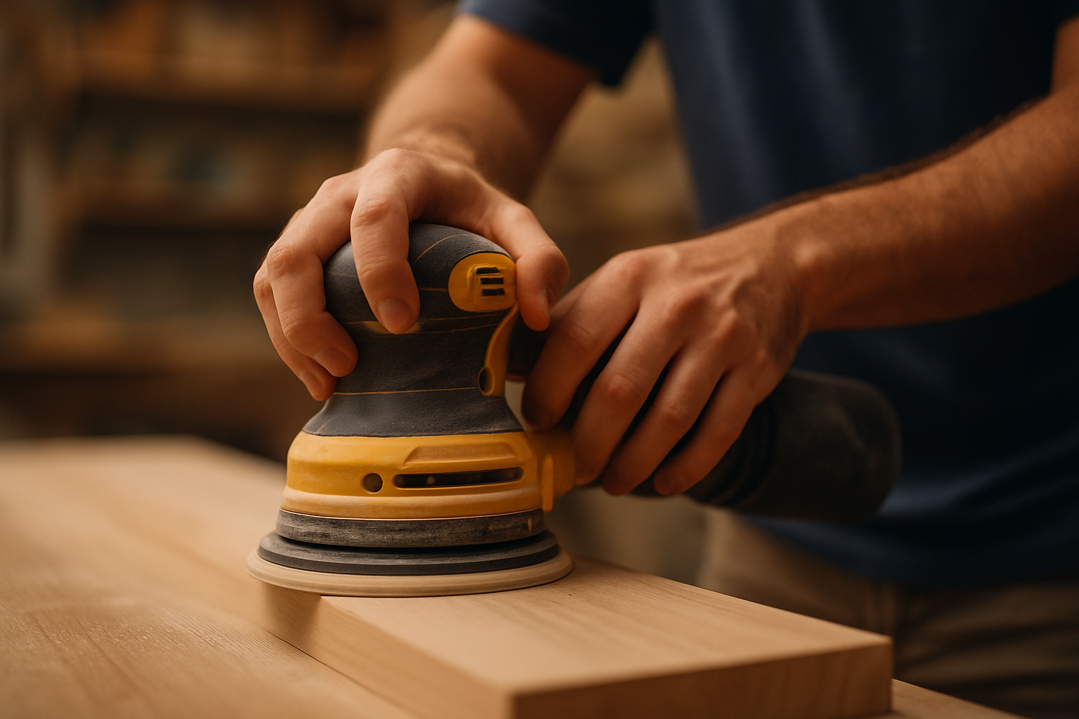 Closeup photo of a person Sanding a woodworking project